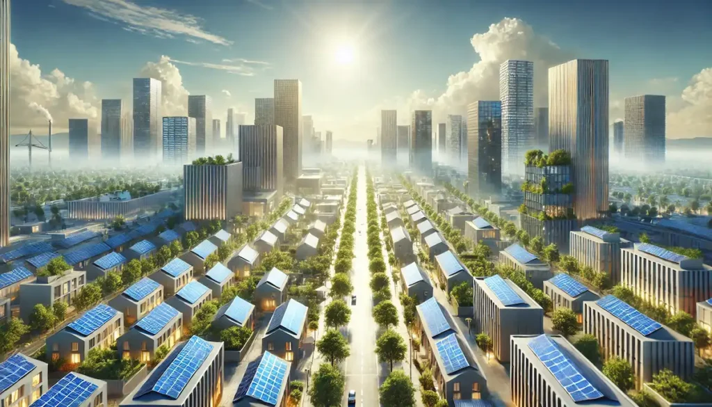 paisaje urbano moderno con beneficios de las placas solares